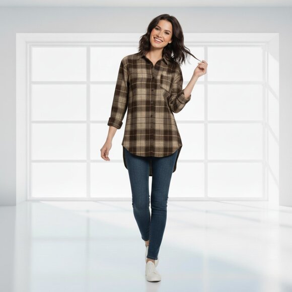 Shein Plaid Long Shirt Jacket XS | Brown Cream Check | Shacket Vibes NWOT - Picture 1 of 10